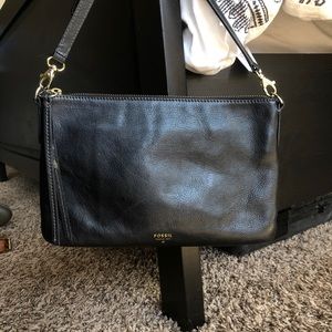 Black Fossil Leather Crossbody Clutch